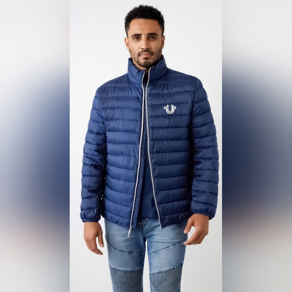 True Religion Horseshoe Logo Puffer Jacket Blue Size Lg